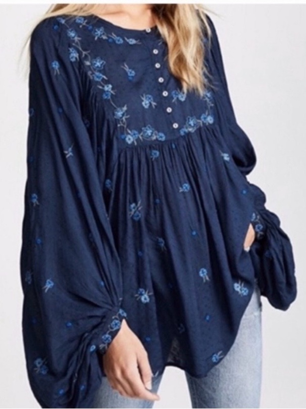Free People Navy Blue Embroidered Peasant Blouse